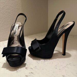 Bebe Black Satin Platform Slingback Heels with Bow